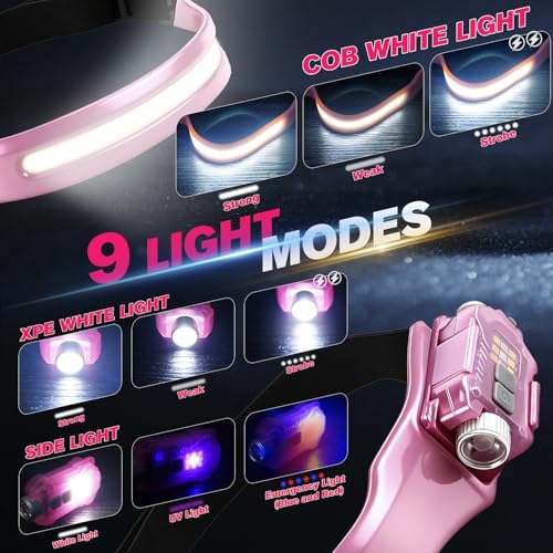 mouhike Pink Fishing Tool Set, 9 Modes Rechargeable LED Headlamp, Long Nose Fishing Pliers, Fish Lip Gripper, Night Fishing Gear Kit Fishing Gift for Men Women