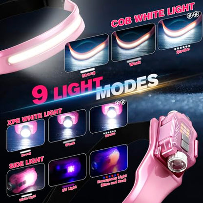 mouhike Pink Fishing Tool Set, 9 Modes Rechargeable LED Headlamp, Long Nose Fishing Pliers, Fish Lip Gripper, Night Fishing Gear Kit Fishing Gift for Men Women