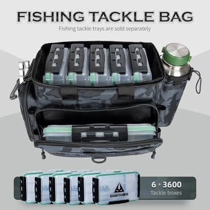 Ghosthorn Fishing Tackle Bag with Rod Holder Saltwater & Freshwater Resistant Tackle Box Bag - Adjustable Padded Shoulder Strap (Black Camouflage) - color: Black MiCai, size: Standard