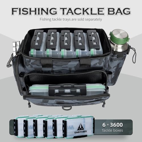 Ghosthorn Fishing Tackle Bag with Rod Holder Saltwater & Freshwater Resistant Tackle Box Bag - Waterproof Base, Adjustable Padded Shoulder Strap (Black Camouflage) - color: Black MiCai-Waterproof Bottom, size: Standard