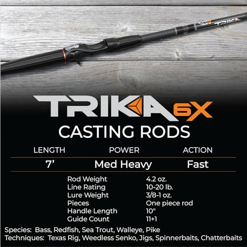 TRIKA 6X Spinning/Casting Carbon Rod Carbon Weave Rod for Extra Sensitive Vibration | Longer Casting | Lightweight Freshwater Fishing Pole - style: Casting 7' Medium Heavy/Fast 1pc.