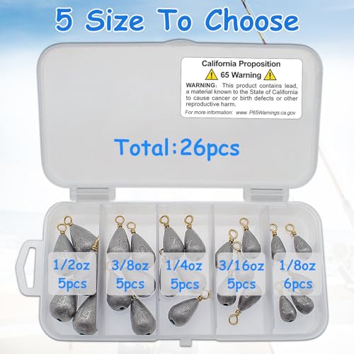 Fishing Weights Sinkers Kit, 5 Sizes 26pcs Drop Shot Weights Fishing Sinkers, Fishing Weights Lead Fishing Equipment for Saltwater Freshwater Ocean Catfish
