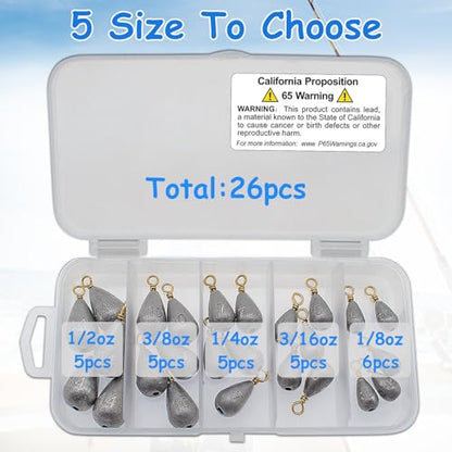 Fishing Weights Sinkers Kit, 5 Sizes 26pcs Drop Shot Weights Fishing Sinkers, Fishing Weights Lead Fishing Equipment for Saltwater Freshwater Ocean Catfish