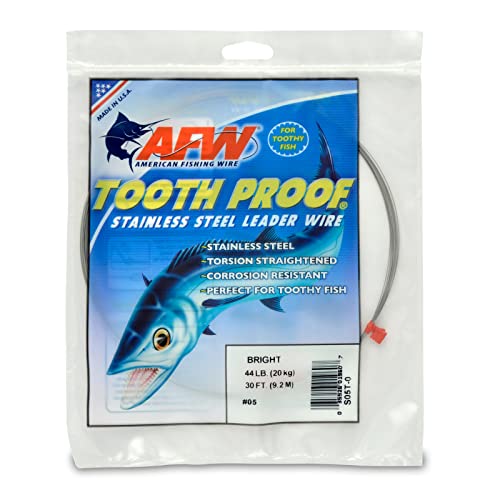 AFW Tooth Proof Stainless Steel Single Strand Hard Leader Wire - Bright and Camo for Shark, Barracuda, King Mackerel, Wahoo, Snook Bite Protection for Toothy Critters, Rigging Baits and Lures - color: Bright, style: #5, 44 Lb Test, 30 Ft