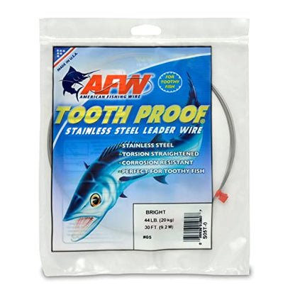 AFW Tooth Proof Stainless Steel Single Strand Hard Leader Wire - Bright and Camo for Shark, Barracuda, King Mackerel, Wahoo, Snook Bite Protection for Toothy Critters, Rigging Baits and Lures - color: Bright, style: #5, 44 Lb Test, 30 Ft
