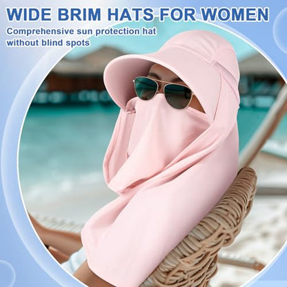 Skicuff 1/3 Pcs Women Sun Hat with Neck Flap Face Cover UPF 50+ UV Protection Wide Brim Visor Fishing Hat for Outdoor Hiking - color: Pink