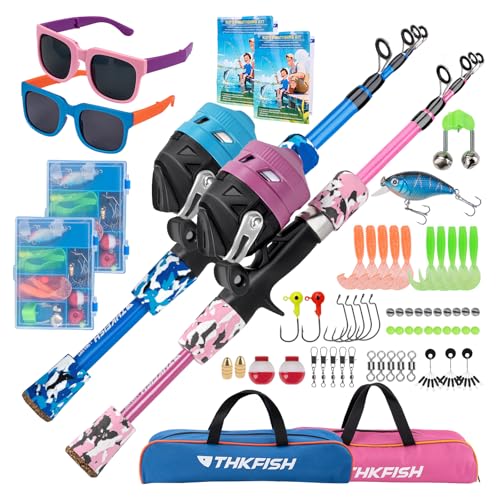 Kids Fishing Pole Set, Telescopic Fishing Rod Reel Combo Kids Starter Kit with Lures Tackle Box, Foldable Stool and Portable Bag for Boys Girls Younth - color: 2 Pack(Pink+Blue) Pole Set with Sunglasses, size: 4.9 ft