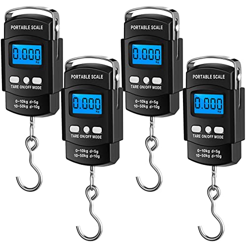 4 Pcs Digital Fish Scale 110lb/ 50kg Weight Capacity Electronic Hanging Scale Portable Dial Fishing Scale with Tape Measure, Hook, Backlit LCD Display Fishing Gifts for Men Women Postal Luggage Bag