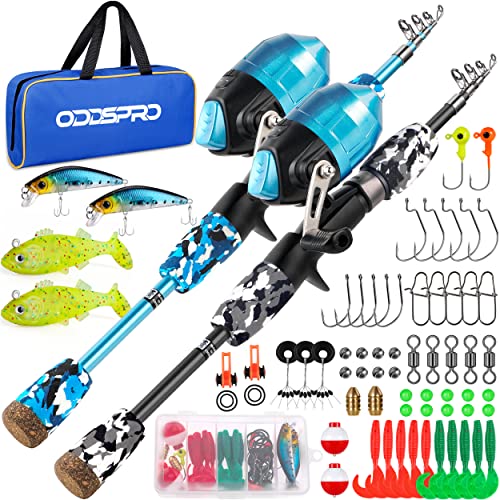 ODDSPRO Kids Fishing Pole - Portable Telescopic Kids Fishing Rod and Reel Combo Kit - with Spincast Fishing Reel Tackle Box for Girls, Youth - color: 2 pack (Blue+Black), size: 4.92 ft