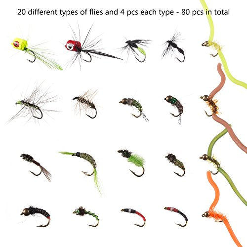 BASSDASH Fly Fishing Flies Kit Fly Assortment Trout Bass Fishing with Fly Box with Dry/Wet Flies, Nymphs, Streamers, Popper - style: 80 Pcs Assorted Flies Kit