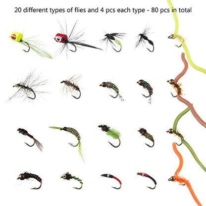 BASSDASH Fly Fishing Flies Kit Fly Assortment Trout Bass Fishing with Fly Box with Dry/Wet Flies, Nymphs, Streamers, Popper - style: 80 Pcs Assorted Flies Kit