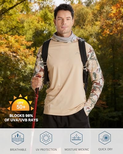 FISHEAL Men's Performance Fishing Hoodie Shirt - UPF 50+ UV Sun Protection Long Sleeve Shirts with Mesh Face Mask - color: Desert Sand Camo, size: X-Large