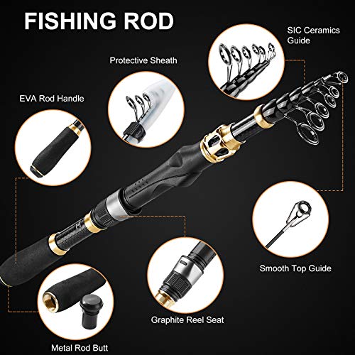 PLUSINNO Fishing Rod and Reel Combo, Telescopic Fishing Pole Kit with Spinning Reel, Tackle Box, Fishing Lures and Travel Carrying Bag, Fishing Gear Gifts for Men - color: Elite Hunter Single Fishing Rod(No Reel &Lure), size: 1.98M 6.49FT