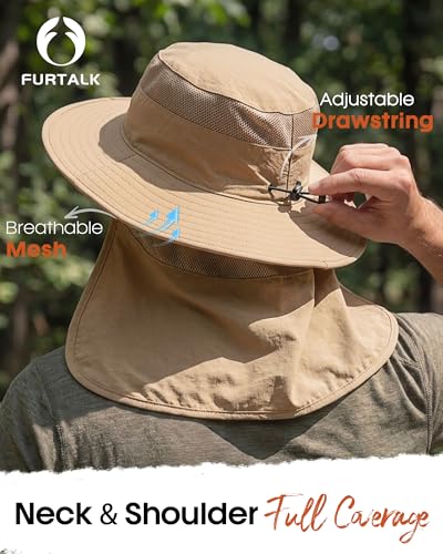 FURTALK Sun Hats for Men Women Fishing Hat with Neck Flap UPF 80+ Breathable Wide Brim Hiking Safari Summer Bucket Hats - color: Khaki