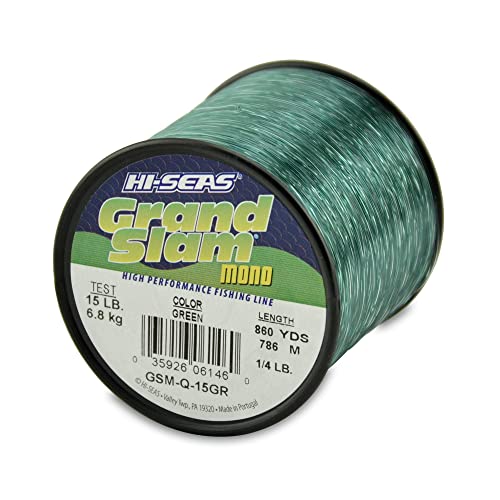 HI-SEAS Grand Slam Monofilament Fishing Line - Strong & Abrasion Resistant in Clear, Pink, Green, Smoke Blue, Fluorescent Yellow Freshwater & Saltwater – Quarter Pound Spool - color: Green, style: 15 Lb Test, 0.40 Mm Dia, 860 Yd
