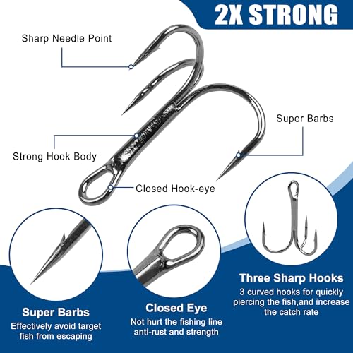 Fishing Treble Hooks Kit,160pcs High Carbon Steel Treble Hooks Strong Sharp Round Bend with Split Rings for Lures Baits Saltwater Freshwater Fishing Size 2# 4# 6# 8# 10# - color: Black Treble Hook Kit