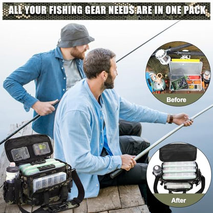 Fishing Tackle Bag with 3 Pcs 3600 Tackle Trays Expandable Soft Fishing Bag Waterproof Camouflage Gear Backpack Padded Shoulder Strap Angler Gear Storage Gifts for Fishermen(Green) - color: Green