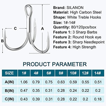 Fishing Red Treble Hooks- 80/120pcs Sharp Round Bend Barbed Treble Hook High-Carbon Steel Triple Hooks for Bass Trout Saltwater Freshwater Size 1/0 1 2 4 6 8 10 12 14 - color: WHITE, size: 80PCS-1#