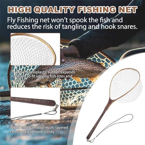 Aventik Fly Fishing Landing Trout Fishing Wooden Net with Magnet Release Soft Rubber Net Bag Catch & Release Great Protection for Fish - style: Long Handle/Small Hole Net
