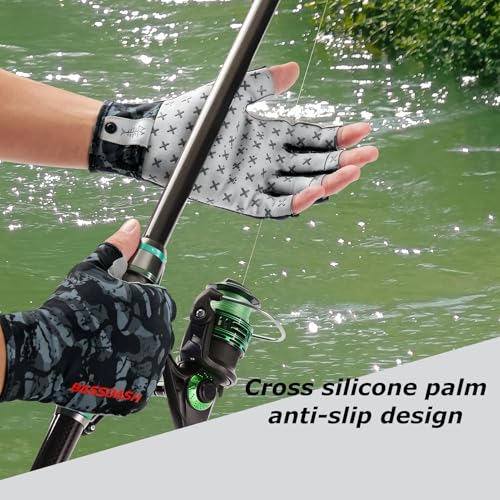 BASSDASH 3/4 Finger UPF 50+ Sun Gloves Breathable Anti-Slip Silicone Palm for Men Women Fishing Fingerless Cycling Running - color: Black Camo, size: Medium