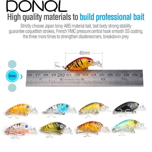 DONQL Crankbaits for Bass Fishing, Minnow Fishing Lure Baits Kit, Wobbler Topwater Lures with Hooks Hard Popper Lures for Saltwater Freshwater Fishing Trout Bass Perch Salmon (Type 1-4.5 cm / 4g)
