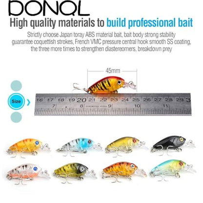 DONQL Crankbaits for Bass Fishing, Minnow Fishing Lure Baits Kit, Wobbler Topwater Lures with Hooks Hard Popper Lures for Saltwater Freshwater Fishing Trout Bass Perch Salmon (Type 1-4.5 cm / 4g)