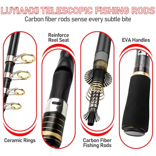 Fishing Pole and Reel Combo - 2PCS Carbon Fiber Telescopic Rods Spinning Reels Saltwater/Freshwater Kit with Lures, Line and Carrier Bag, Travel Fishing Gear for Adults - color: Gold, size: 2.4M/7.89FT