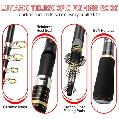 Fishing Pole and Reel Combo - 2PCS Carbon Fiber Telescopic Rods Spinning Reels Saltwater/Freshwater Kit with Lures, Line and Carrier Bag, Travel Fishing Gear for Adults - color: Gold, size: 2.1M/6.89FT
