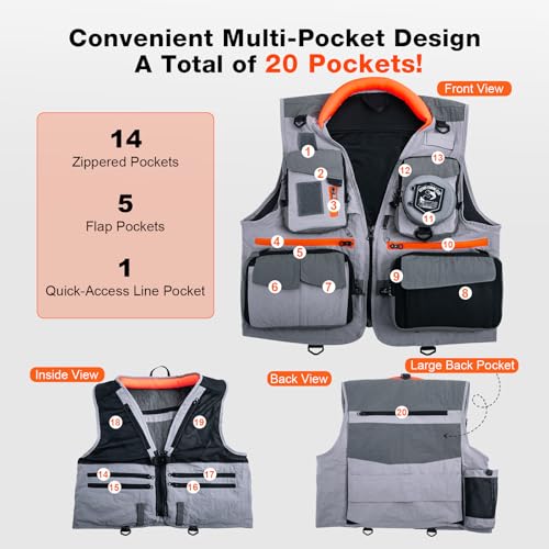 Goture Fishing Vest,Lightweight Breathable Nylon Fly Fishing Vest for Men and Women,20 Pockets Vests for Outdoor Activities