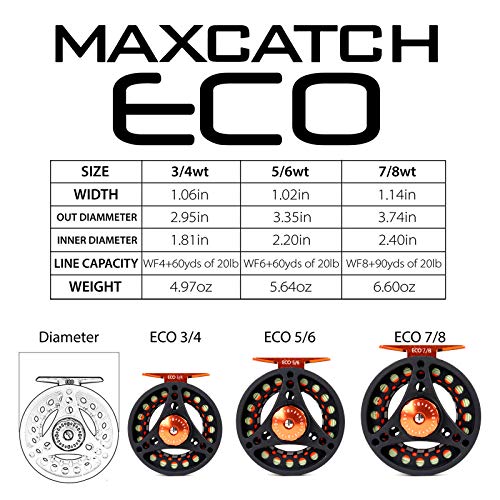 M MAXIMUMCATCH Maxcatch ECO Large Arbor Fly Fishing Reel (3/4wt 5/6wt 7/8wt) and Pre-Loaded Fly Reel with Line Combo - color: Black (With Line Pre-loaded), size: 7/8 weight