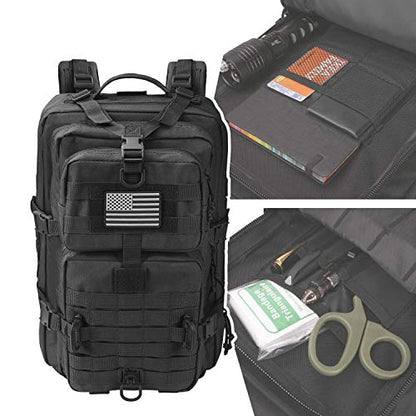 Hannibal Tactical MOLLE Assault Backpack, Tactical Backpack Military Army Camping Rucksack, 3-Day Pack, D-Rings, Black with Gray Patch - color: Black With Grey