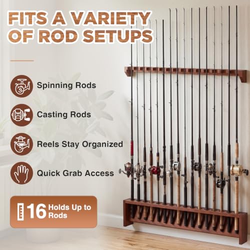 Sintuff 1 Pair 16-position Fishing Rod Rack, Wall Mount Pole Holder, Solid Red Oak Wood Rack, Walnut Finish, Space-saving Fishing Pole Storage, 16 Rod Max Capacity, for Garage, Home