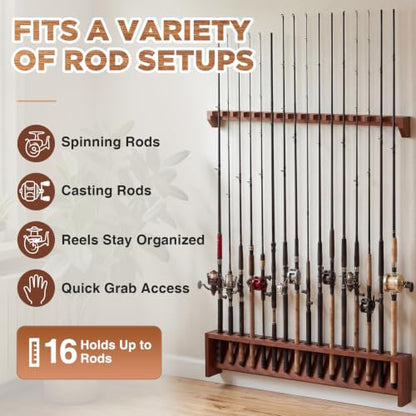 Sintuff 1 Pair 16-position Fishing Rod Rack, Wall Mount Pole Holder, Solid Red Oak Wood Rack, Walnut Finish, Space-saving Fishing Pole Storage, 16 Rod Max Capacity, for Garage, Home
