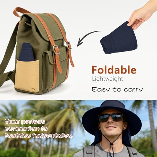 ZOORON Sun Hats for Men Women Fishing Hat with Neck Flap,UPF 50+ Sun Hat Waterproof Wide Brim Bucket Hats for Safari Hiking - color: 1-navy Blue(neck Flap)