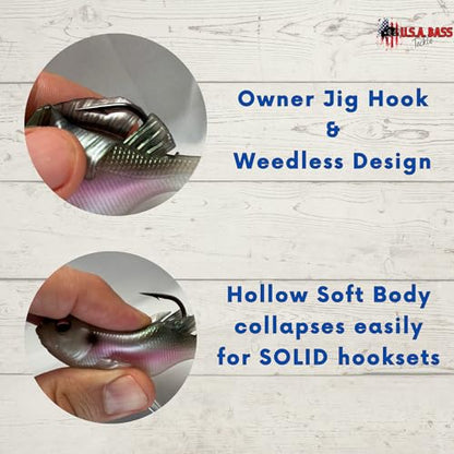 USA Bass Tackle - Hand Poured Underspin Gill - Weedless Gilly Paddletail Sleeper Swimbait with Bass-Tech Soft Plastic & Owner Mega Jig Hook Largemouth Smallmouth Spotted Bass - color: Special Gill, size: 3/8