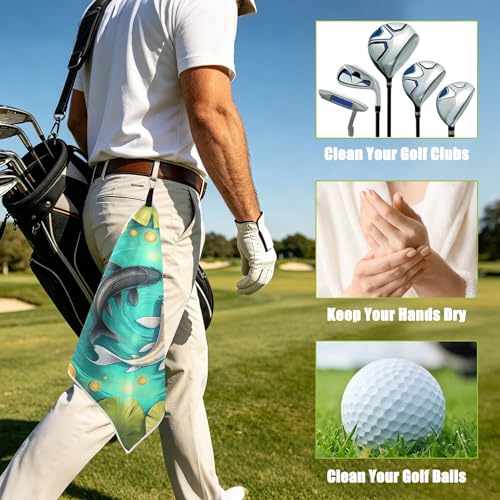 Fish 2 Pack Waffle Pattern Golf Towels, 17.7"x17.7" Square Golf Towel with Carabiner Clip and Magnetic Snap for Cleaning Golf Ball, Club