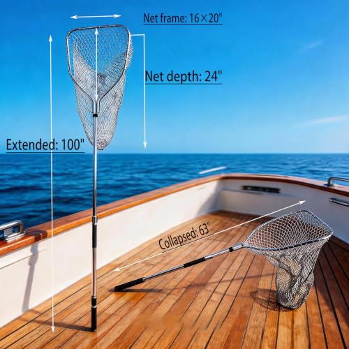 TyQuirlyn Telescopic Stainless Steel Landing Net, 16"x20" 24" Deep Double-Strand Mesh, 63"-100" Dual Lock Handle, 55lbs Multi-Use Fishing Farm Net