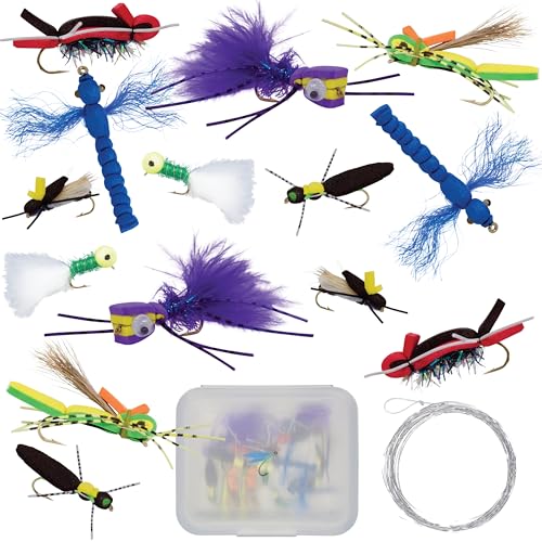 Topwater Fly Fishing Kit for Bass & Panfish | 14 pc Set + Tapered Leader - Foam Poppers, Hoppers, Dry Flies, Spiders, Ants, & Attractors (Hook Size 10 to 12)
