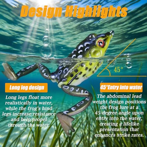 Topwater Frog Lures – 5 Pack Hollow Body Weedless Bass Bait with Heavy-Duty Hooks for Lily Pads, Heavy Cover, Pike & Snakehead – Tackle Box Included