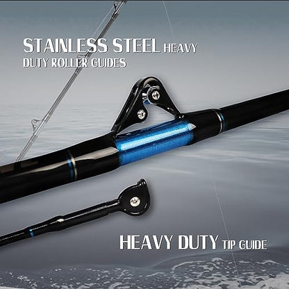 Fiblink Fishing Trolling Rod 1 Piece/2 Piece Saltwater Offshore Heavy Roller Rod Big Game Conventional Boat Camo Fishing Pole (6'/6'6",30-50lb/50-80lb/80-120lb) - style: 6'6" 50-80lbs 1pc-straight