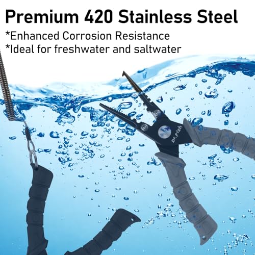 Dr.Fish Fishing Split Ring Pliers Fish Lip Gripper Hook Remover Black | Freshwater & Saltwater Fishing Tools: 420 Stainless Steel Lip Gripper Hook Remover with PVC Handle, Lanyards and Sheath - color: Black-6"