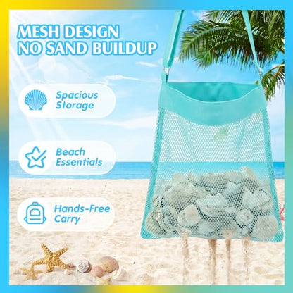 VioraWhite 2 Pcs Extra Large 14 x 16inch Clam Mesh Chum Beach Bags for Seashells Clams Treasures Sand Away Foldable Shell Collection Bags with Adjustable Straps (Aqua) - color: Aqua