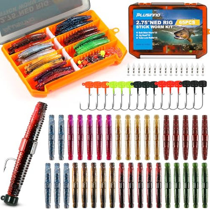 PLUSINNO Wacky Worm Fishing Lure Kit, Soft Plastic Fishing Lures, Grub Baits Hook Wacky Rig Bass Trout Fishing Worms Lures w/Tackle Box - color: 65PCS Stick Worms Ned Rig Kit