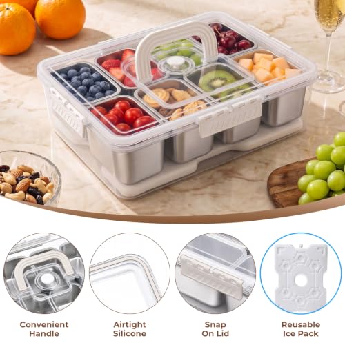 Homelove Snackle Box Container with Ice-Pack, Snack Container Divided Serving Tray with 8-Compartment Snack Platter, Lid and Handle, Food Organizer for Outdoor Travel Party Beach Picnic - color: C