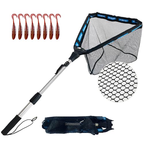 Floating Telescoping Rubber Fishing Net with Handle Lightweight Fly Fish Net Silicone Foldable Freshwater and Saltwater Extendable Fishpond Kayak Fish Landing Net - color: Floating Rubber Coated Net-Silver&Blue-36"