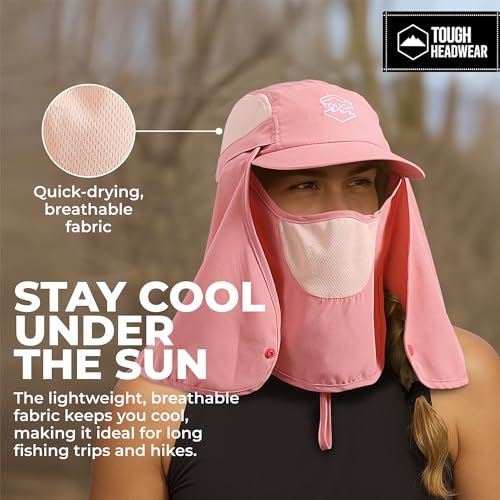 Tough Headwear Fishing Cap w/Face Mask & Neck Flap - Sun Protection Hat with UPF 50 -Landscaping Hats for Women and Men - color: Pink