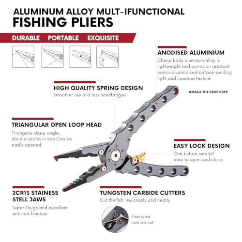 Fishing Pliers with Safety Lock, Aluminum Alloy 8" Fishing Plyers with Hook Remover, Fishing Pliers for Saltwater Freshwater Ice, Fishing Gear Stuff for Men