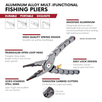 Fishing Pliers with Safety Lock, Aluminum Alloy 8" Fishing Plyers with Hook Remover, Fishing Pliers for Saltwater Freshwater Ice, Fishing Gear Stuff for Men