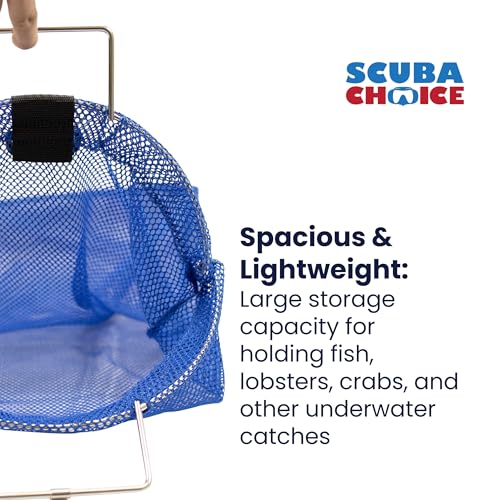 Scuba Choice Fish Bag Net with 5mm Stainless Steel Wire Handle – 24" x 17" Size, 12" Diameter, Secure Closing Clip, Reinforced Mesh - Durable & Reliable for Spearfishing, Diving, and Fishing – Blue