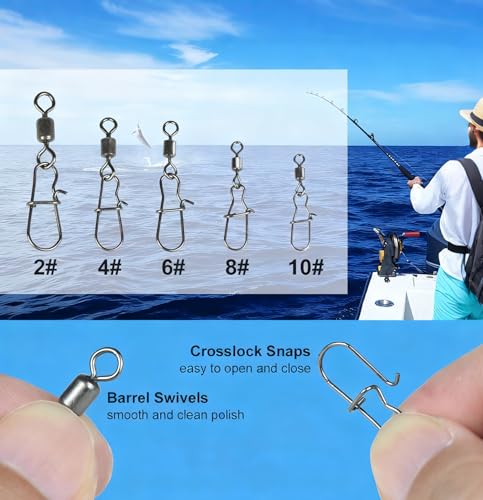 50 Pack Fishing Swivels, 5 Sizes Barrel Swivels with Snaps for Fishing Tackle Accessories